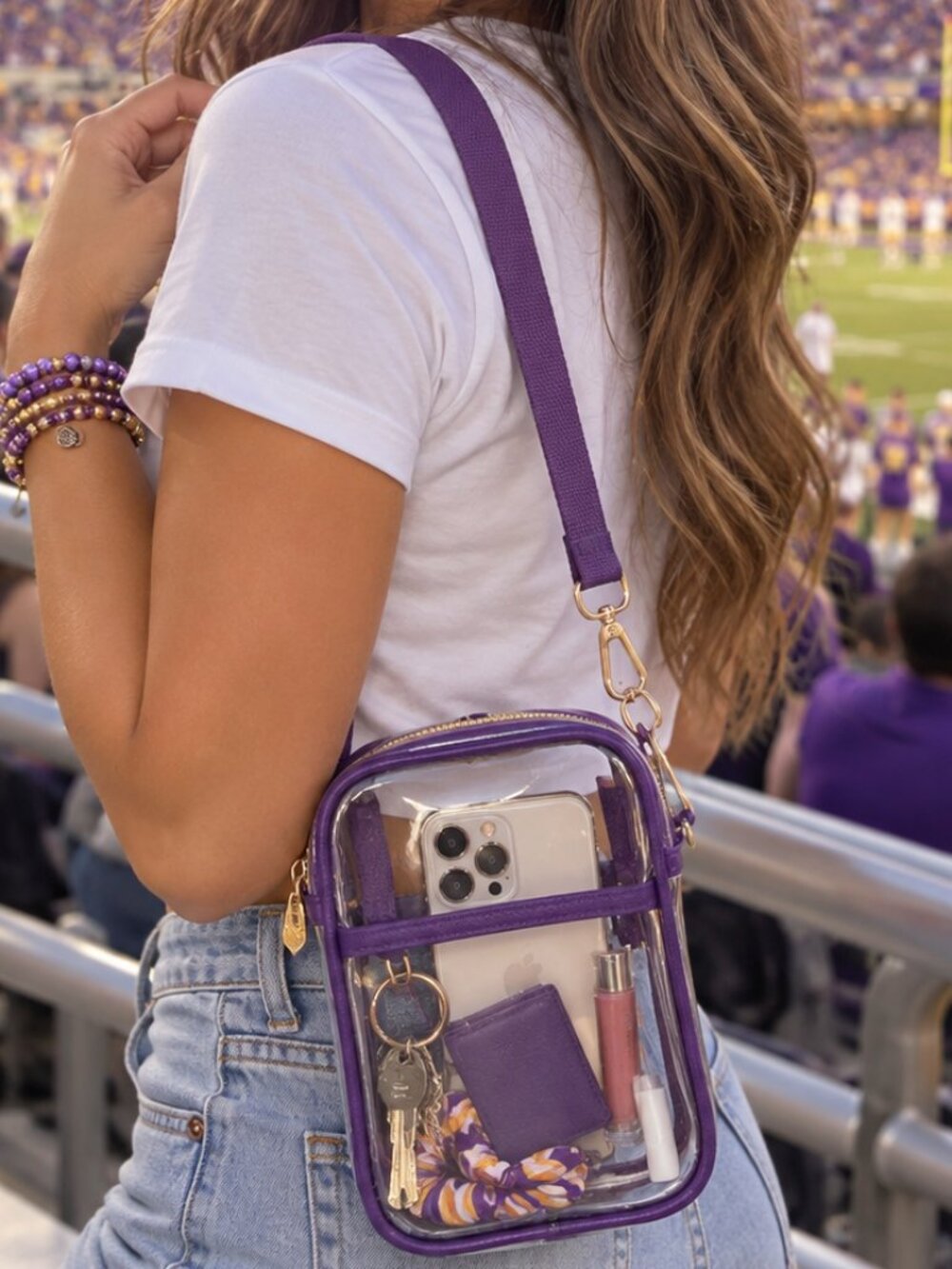 Purple Clear Stadium Crossbody Bag Game Day Purse Gold Hardware - Picture 2 of 2